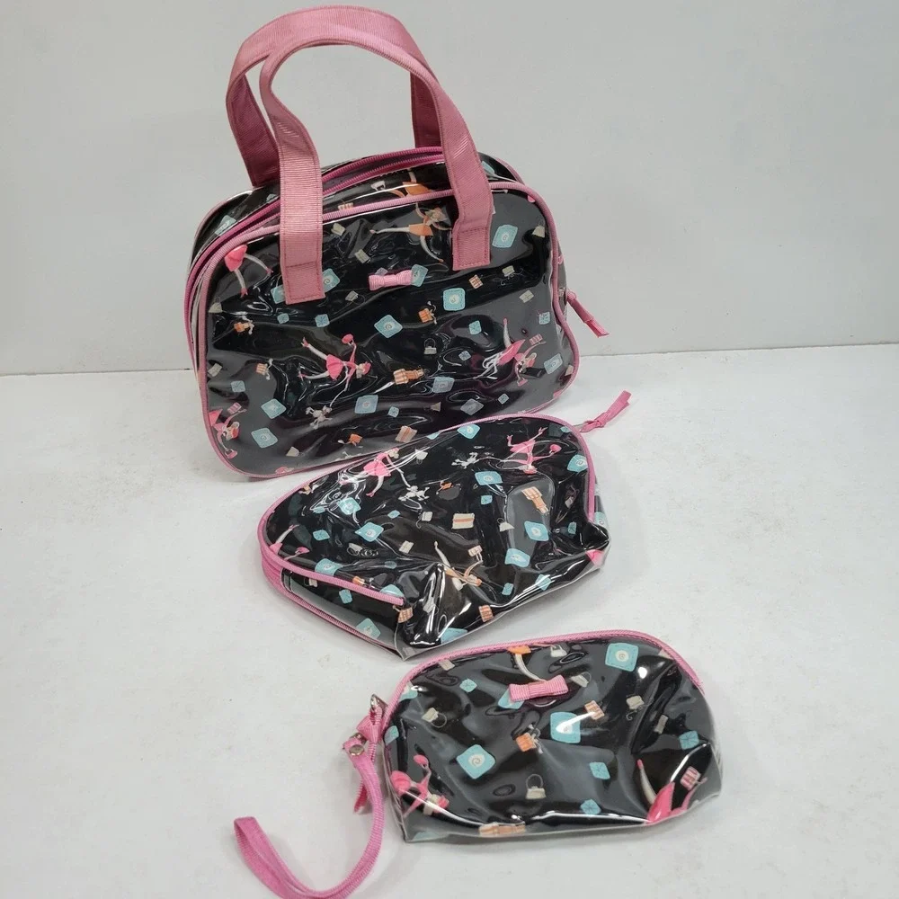 Liz Claiborne 3 Pc Travel Set Cosmetic Bag Black Pink Flamingo Makeup Case